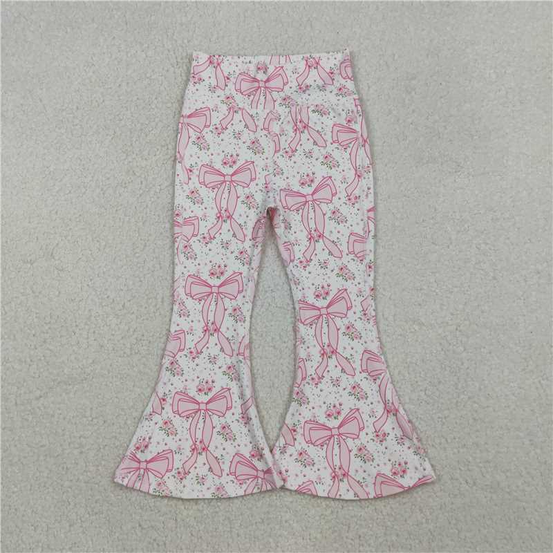 10.29 RTS NO MOQ （In stock）Matching P0773 Baby Girls Pink Floral Bows Bell Bottom Yoga Active Pants