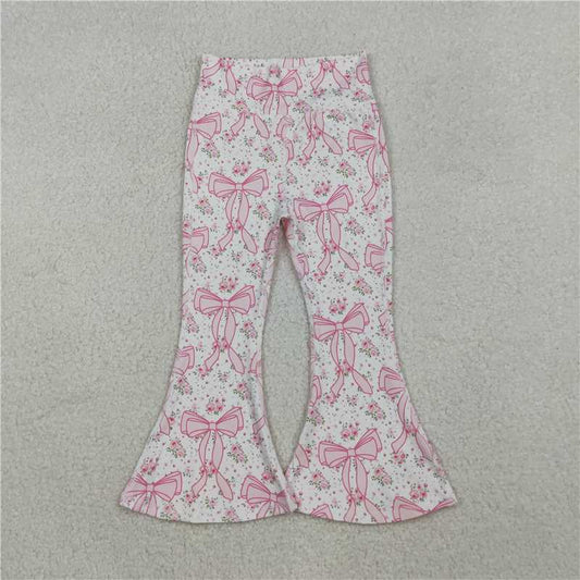 10.29 RTS NO MOQ （In stock）Matching P0773 Baby Girls Pink Floral Bows Bell Bottom Yoga Active Pants