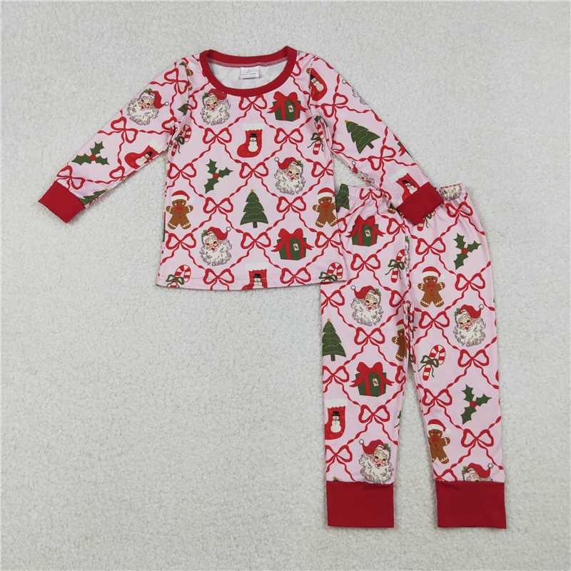 10.28 RTS NO MOQ （In stock）Matching Christmas GLP2807 Baby Girls Red Bows Santa Gifts Checked Top Pant Christmas Pajamas Sets