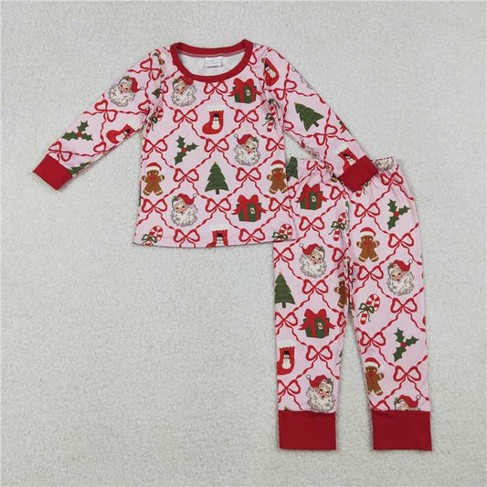 10.28 RTS NO MOQ （In stock）Matching Christmas GLP2807 Baby Girls Red Bows Santa Gifts Checked Top Pant Christmas Pajamas Sets