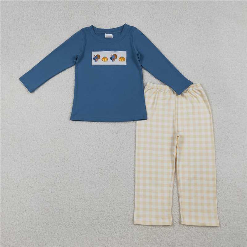 10.22 RTS NO MOQ （In stock）Matching thanksgiving LP1176 Embroidery Turkey Pumpkins Baby Boys Plaid Pant Thanksgiving Clothes Set