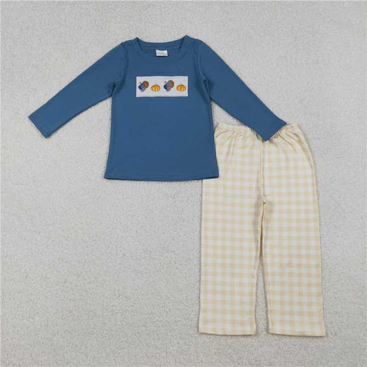 10.22 RTS NO MOQ （In stock）Matching thanksgiving LP1176 Embroidery Turkey Pumpkins Baby Boys Plaid Pant Thanksgiving Clothes Set
