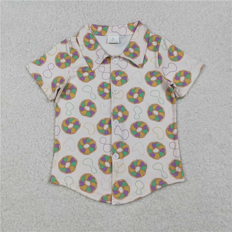 12.19 RTS NO MOQ （In stock）BT1372 Baby Boys Short Sleeve Donuts Button Mardigras Tee Shirts Top