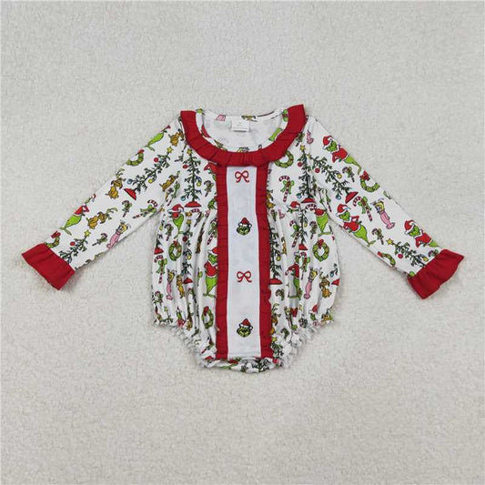 12.3 RTS NO MOQ （In stock）Matching Christmas LR2635 Baby Girls Grin Bows Holly Christmas Ruffle Collar Rompers