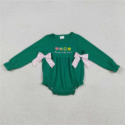 12.22 RTS NO MOQ （In stock）LR2839 Embroidery Clovers Baby Girls Green Long Sleeve St Patrick Bows Ruffle Rompers
