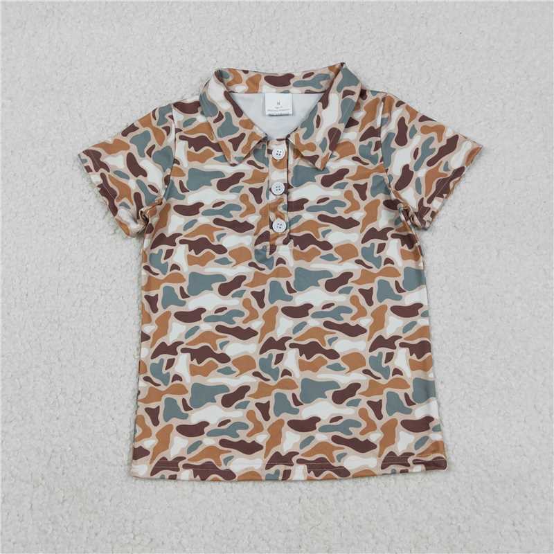 1.13 RTS NO MOQ （In stock）Matching BT1355 Baby Boys Southern Green Brown Camo Button Polo Shirts Top