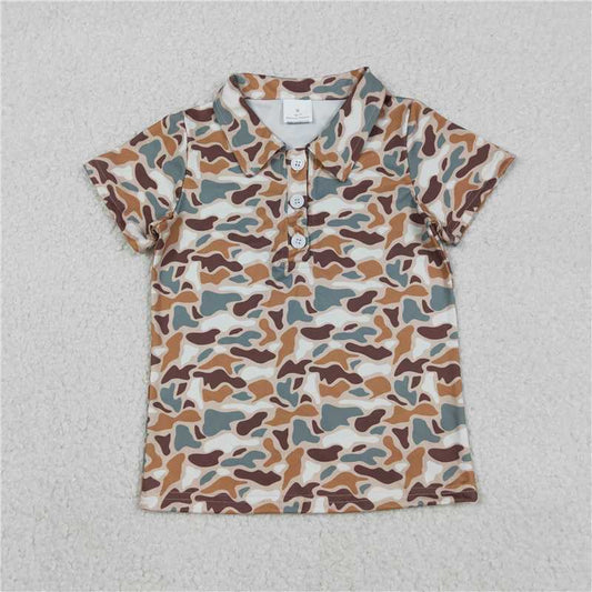 1.13 RTS NO MOQ （In stock）Matching BT1355 Baby Boys Southern Green Brown Camo Button Polo Shirts Top