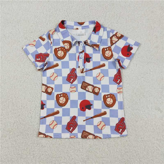 1.13 RTS NO MOQ （In stock）Matching BT1577 Baby Boys Blue Checked Baseballs Team Button Polo Shirts Top