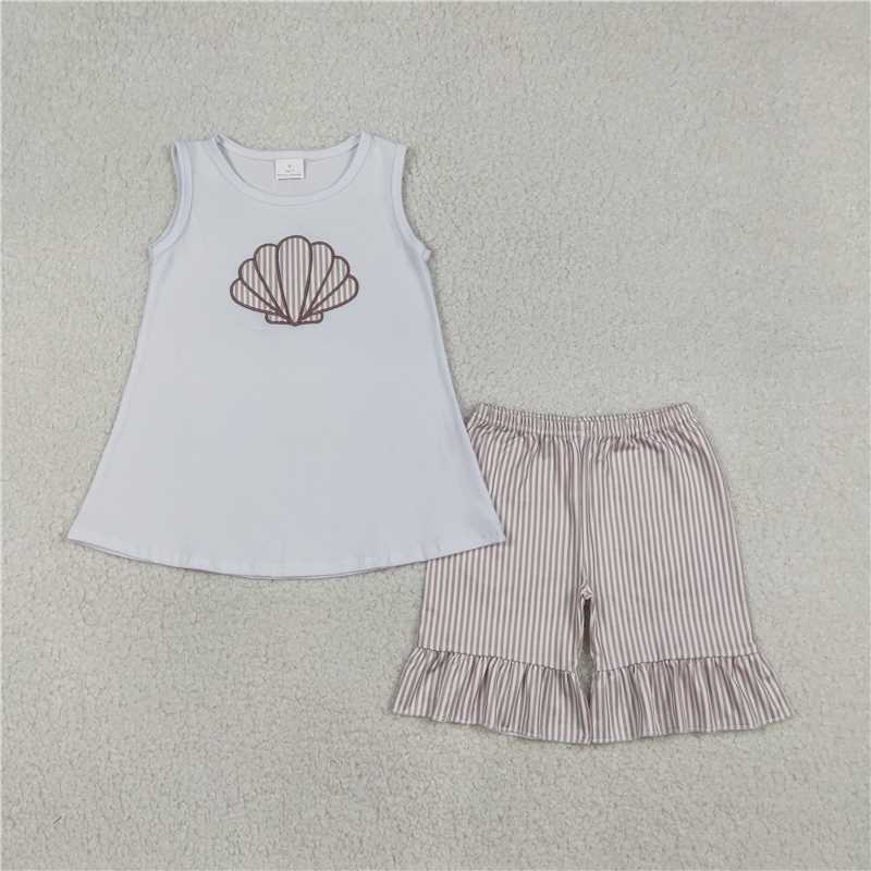 12.26 RTS NO MOQ （In stock）Matching GSSO2787 Embroidery Stripe Shells Baby Girls Tunic Ruffle Shorts Clothes Sets