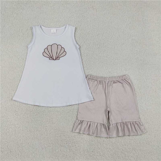 12.26 RTS NO MOQ （In stock）Matching GSSO2787 Embroidery Stripe Shells Baby Girls Tunic Ruffle Shorts Clothes Sets