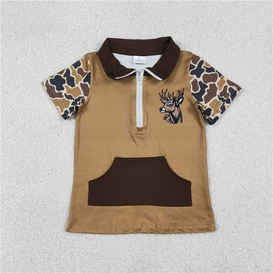 1.13 RTS NO MOQ （In stock）Matching BT1531 Baby Boys Brown Camo Deer Zipper Pockets Hunting Pullovers Top