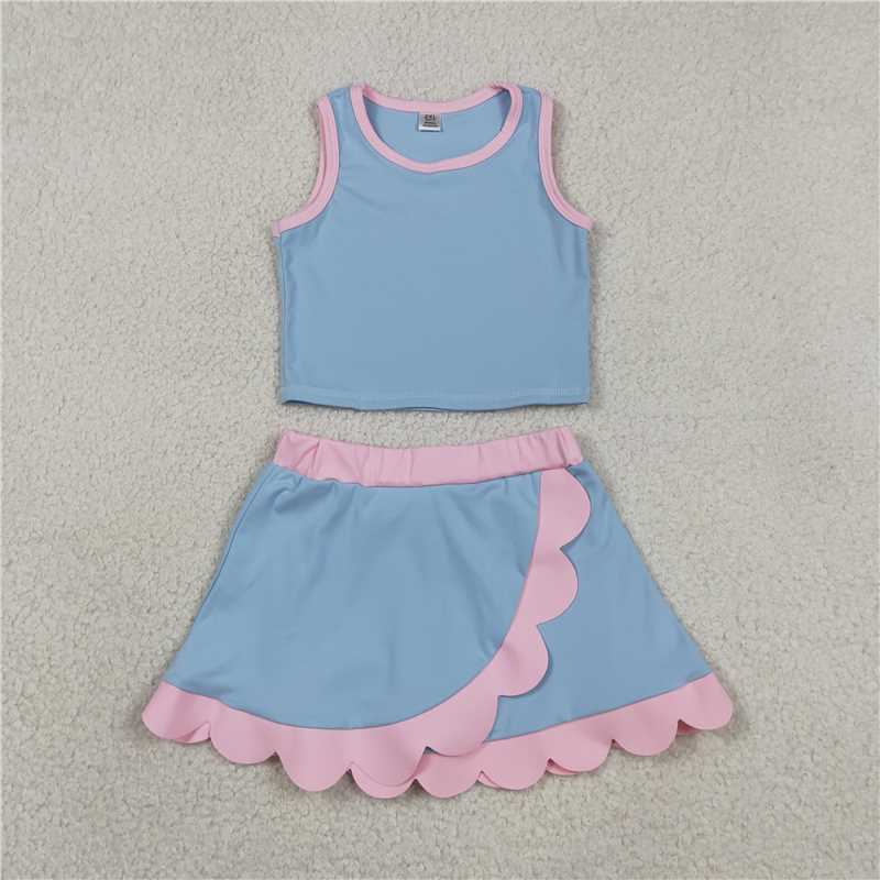 USA Warehouse (IN STOCK) GSD4014 Baby Girls Sleeveless Blue Vest Scallop Skirt Short Yoga Active Clothes Set