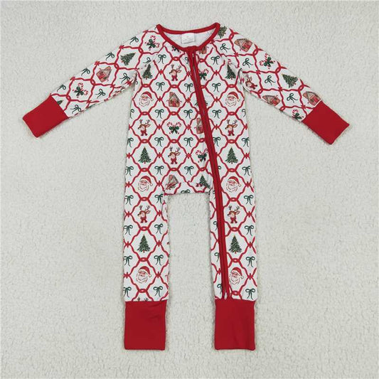 11.29 RTS NO MOQ （In stock）LR2248 Baby Kids Footie Red Bows Plaid Trees Gingerbread Zipper Rompers