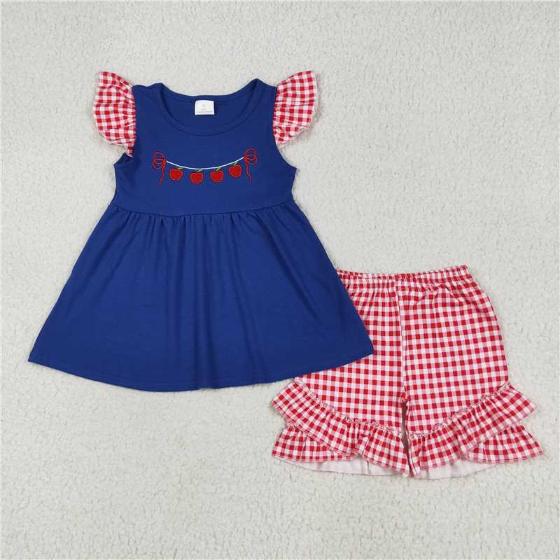 12.17 RTS NO MOQ （In stock）Matching Back To School GSSO2314 Baby Girls Embroidery Apple Back To School Tunic Ruffle Shorts Clothes