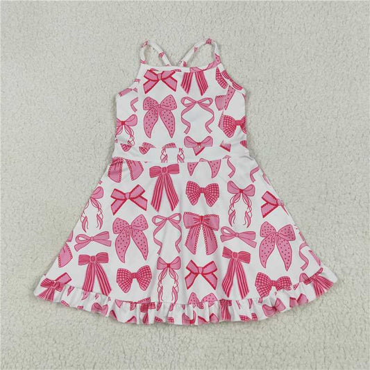 USA Warehouse (IN STOCK) GSD2564 Baby Girls Strap Hot Pink Bows Plaid Activity Wear Yoga Knee Length Dresses