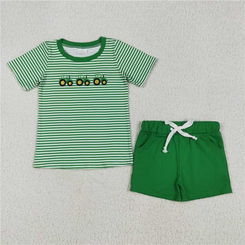 12.27 RTS NO MOQ （In stock）Matching BSSO1374 Embroidery Baby Boys Green Farm Trucks Tops Pockets Shorts Clothes Sets