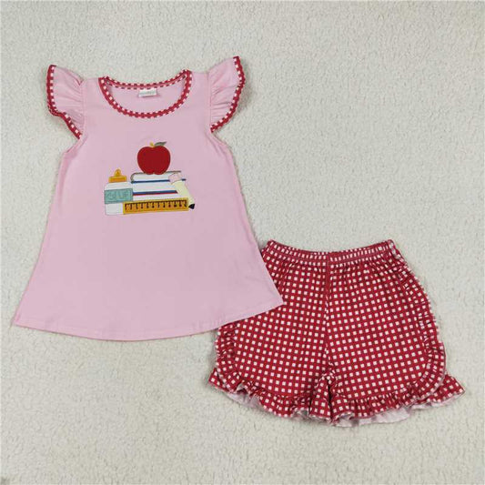 12.17 RTS NO MOQ （In stock）Matching Back To School  GSSO2069 Embroidery Baby Girls Apple Back To School Books Tunic Ruffle Shorts Sets
