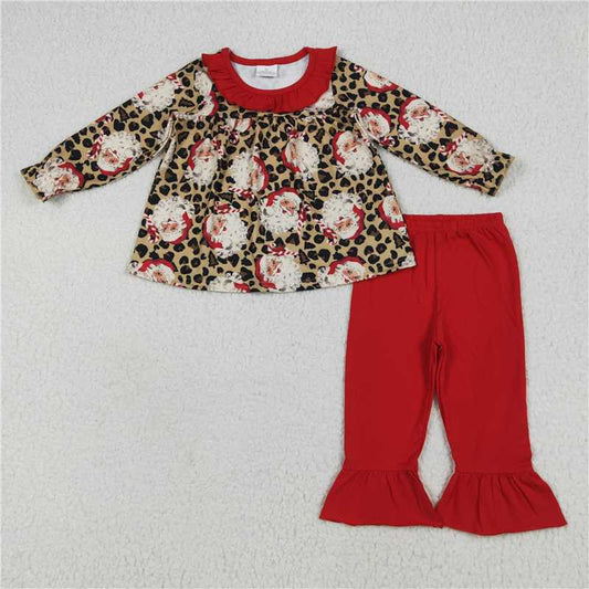 12.6 RTS NO MOQ （In stock）GLP2369 Baby Girls Christmas Leopard Santa Tunic Ruffle Pants Sets