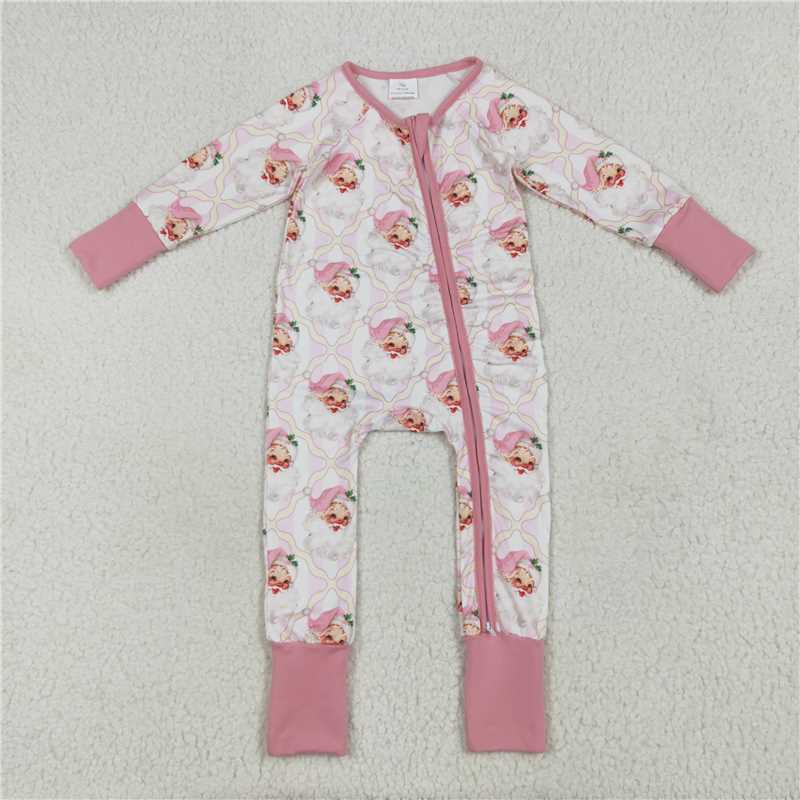 11.29 RTS NO MOQ （In stock）LR2224 Baby Girls Christmas Pink Santa Plaid Zipper Footie Rompers