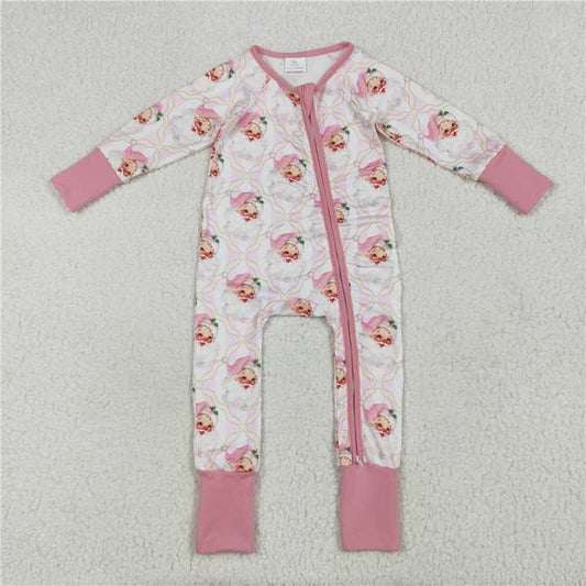 11.29 RTS NO MOQ （In stock）LR2224 Baby Girls Christmas Pink Santa Plaid Zipper Footie Rompers