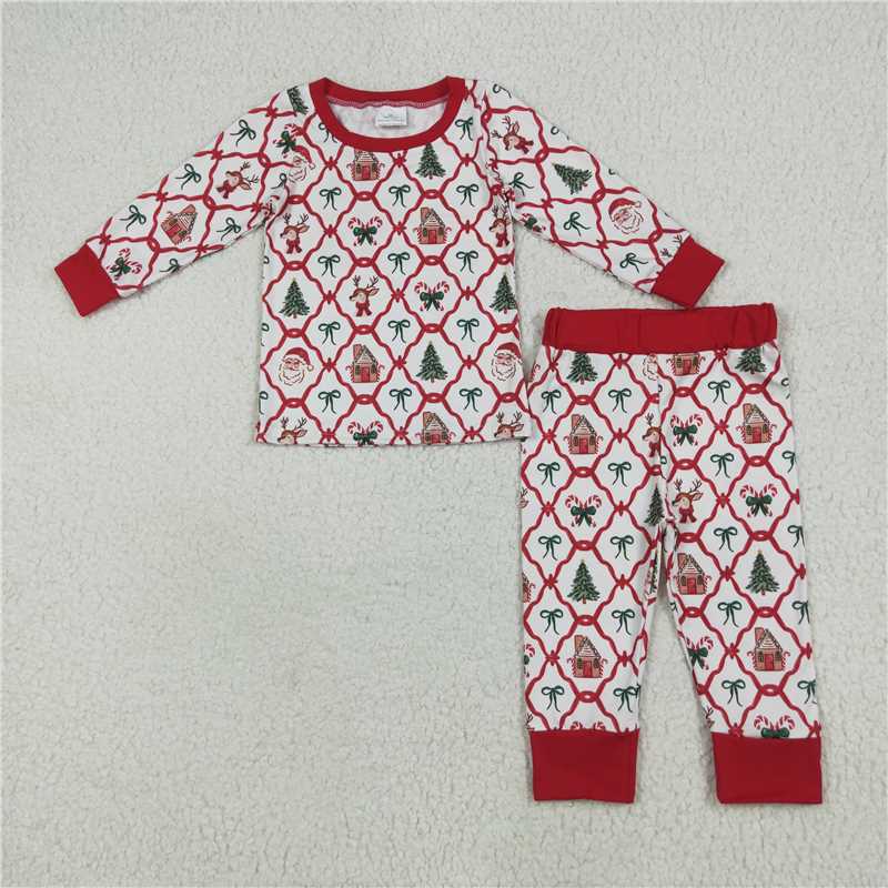12.1 RTS NO MOQ （In stock）Matching Christmas GLP2391 Baby Girls Christmas Bows Gingerbread Plaid Top Pant Pajamas Sets