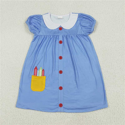 12.27 RTS NO MOQ （In stock）GSD1821 Embroidery Baby Girls Apple Back To School Buttons Dresses