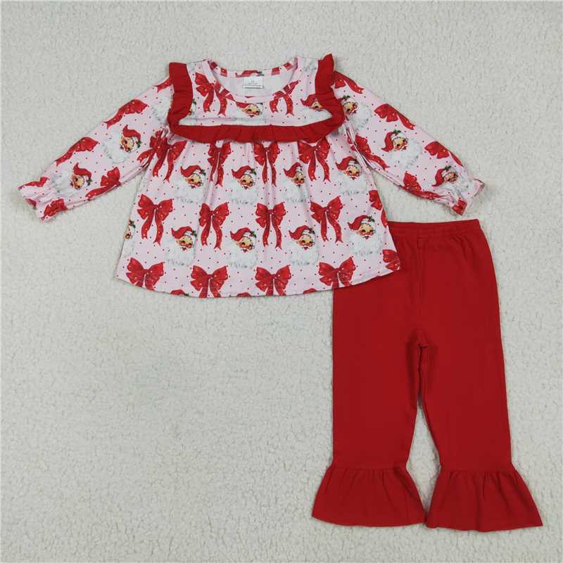 12.1 RTS NO MOQ （In stock）Matching Christmas GLP2347 Baby Girls Long Sleeves Red Santa Bows Tunic Ruffle Pant Sets