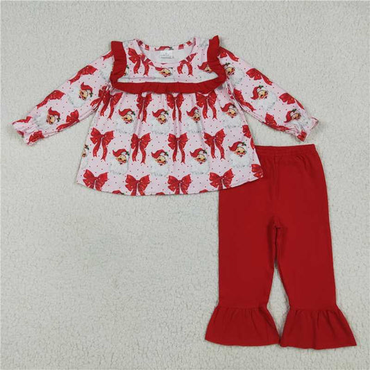 12.1 RTS NO MOQ （In stock）Matching Christmas GLP2347 Baby Girls Long Sleeves Red Santa Bows Tunic Ruffle Pant Sets