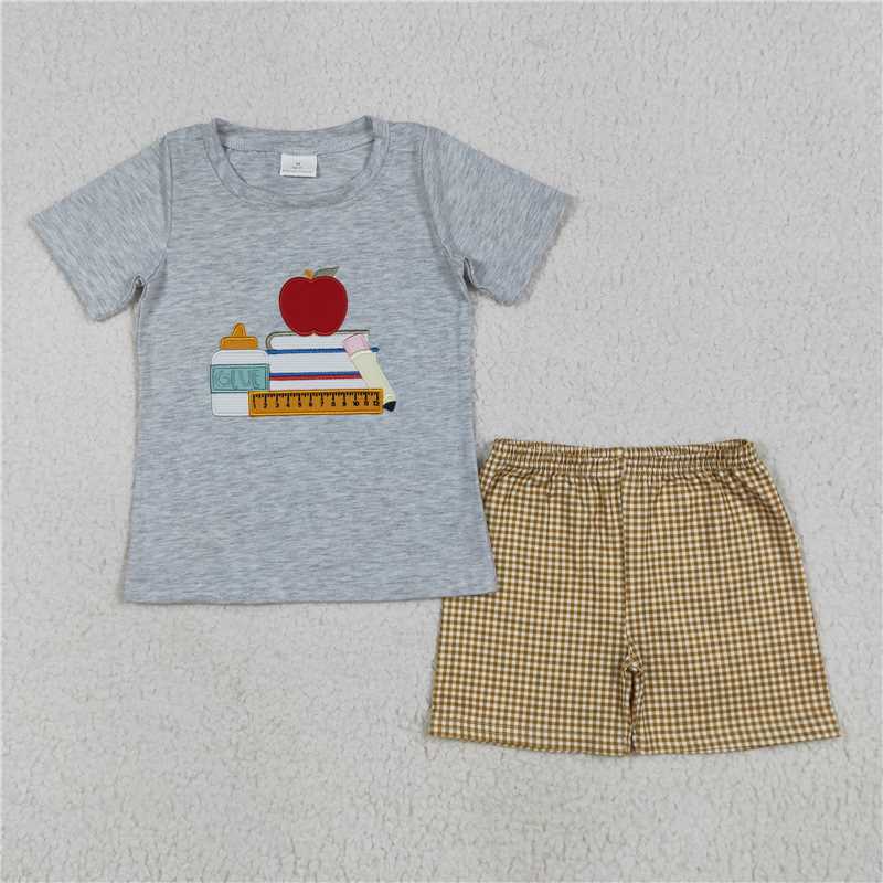12.27 RTS NO MOQ （In stock）Matching Back To School 	BSSO1281 Embroidery Baby Boys Apple Back To School Books Shirt Shorts Sets