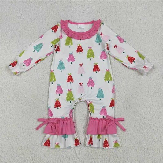 11.28 RTS NO MOQ （In stock）LR2280 Baby Girls Christmas Colorful Bows Trees Ruffle Pant Rompers