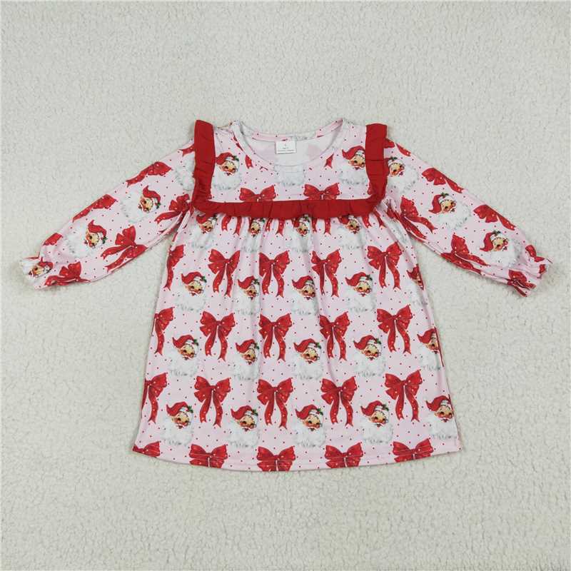 12.1 RTS NO MOQ （In stock）Matching Christmas GLD1047 Baby Girls Long Ruffle Sleeves Red Santa Bows Knee Length Dresses
