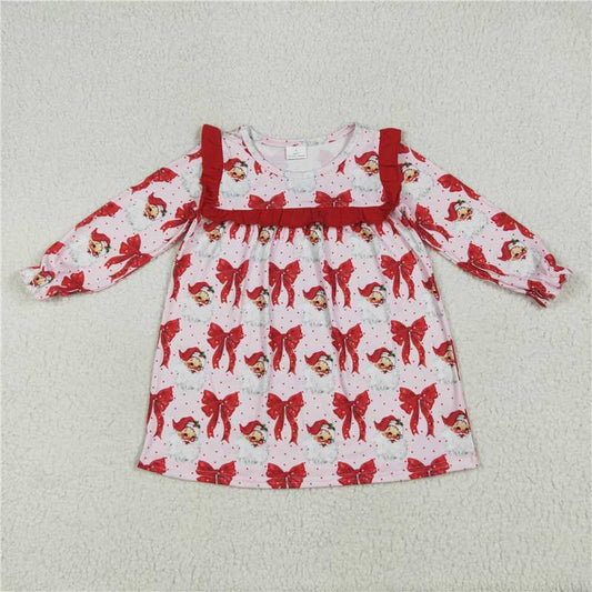 12.1 RTS NO MOQ （In stock）Matching Christmas GLD1047 Baby Girls Long Ruffle Sleeves Red Santa Bows Knee Length Dresses