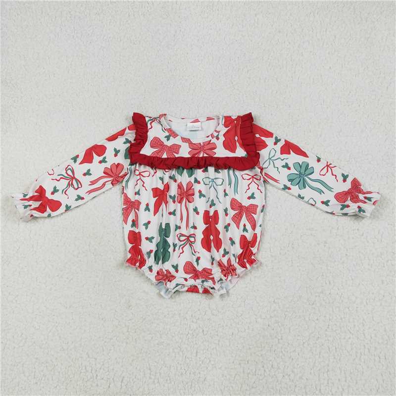 12.10 RTS NO MOQ （In stock）Matching Christmas LR2209 Baby Girls Christmas Red Green Bows Ruffle Rompers