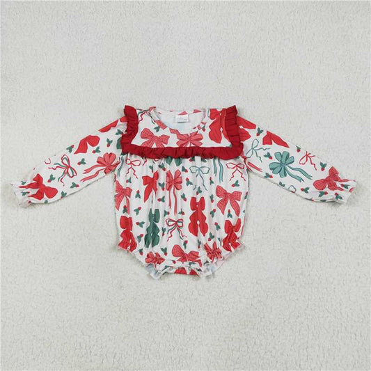 12.10 RTS NO MOQ （In stock）Matching Christmas LR2209 Baby Girls Christmas Red Green Bows Ruffle Rompers