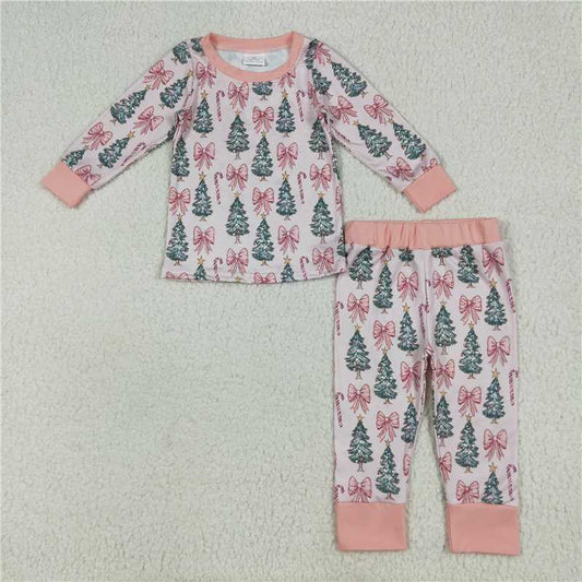 12.6 RTS NO MOQ （In stock）GLP2423 Baby Girls Pink Long Sleeves Bows Trees Top Pant Pajamas Sets
