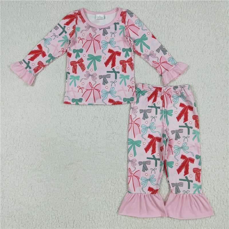 11.25 RTS NO MOQ （In stock）Matching GLP2413 Baby Girls Pink Colorful Bows Top Pant Pajama