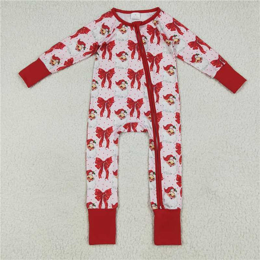 12.1 RTS NO MOQ （In stock）Matching Christmas LR2223 Baby Girls Christmas Red Santa Bows Footie Zipper Rompers