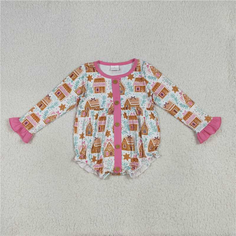 11.28 RTS NO MOQ （In stock）LR2282 Baby Girls Christmas Pink Houses Snowflake Button Ruffle Rompers