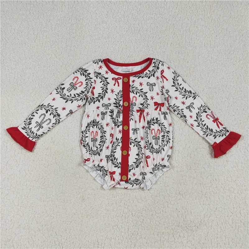 11.28 RTS NO MOQ （In stock）LR2252 Baby Girls Christmas Red Green Bows Button Ruffle Rompers