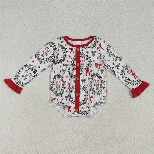 12.2 RTS NO MOQ （In stock）Matching Christmas LR2252 Baby Girls Christmas Red Green Bows Button Ruffle Rompers