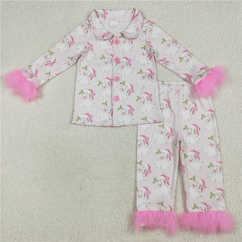 10.20 RTS NO MOQ （In stock） Matching Christmas GLP2376 Baby Girls Pink Christmas With Fur Santa Button Top Pants Pajamas Sets