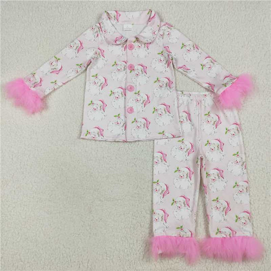 10.20 RTS NO MOQ （In stock） Matching Christmas GLP2376 Baby Girls Pink Christmas With Fur Santa Button Top Pants Pajamas Sets
