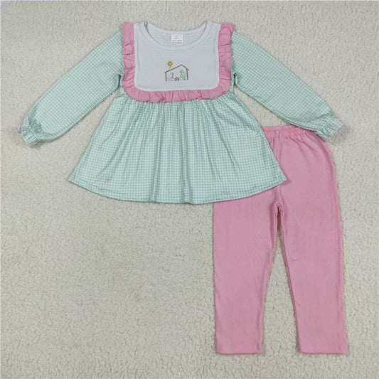 12.8 RTS NO MOQ （In stock）GLP2410 Baby Girls Blue Christmas Nativity Jesus Tunic Pink Legging Pants Sets