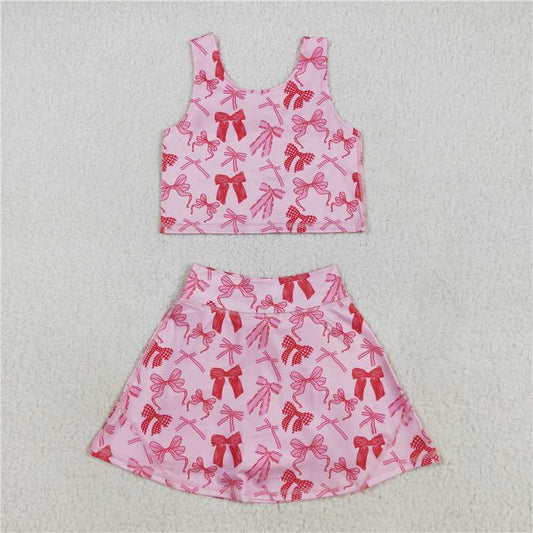 11.20 RTS NO MOQ （In stock）Matching GSD2459 Baby Girls Sleeveless Pink Bows Top Skorts Yoga Sets