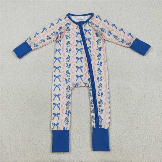 10.17 RTS NO MOQ （In stock） Matching  LR2327 Baby Girls Long Sleeves Blue Bows Flowers Stripe Zipper Pant Rompers