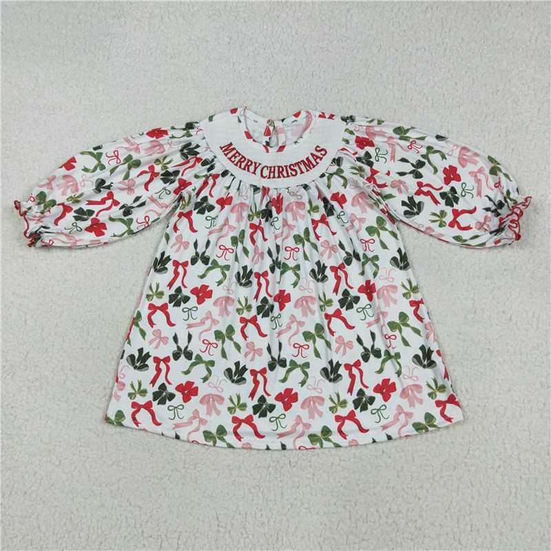 11.20 RTS NO MOQ （In stock）GLD1094 Baby Girls Smocked Embroidery Merry Christmas Colorful Bows Knee Length Dresses