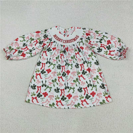 11.20 RTS NO MOQ （In stock）GLD1094 Baby Girls Smocked Embroidery Merry Christmas Colorful Bows Knee Length Dresses