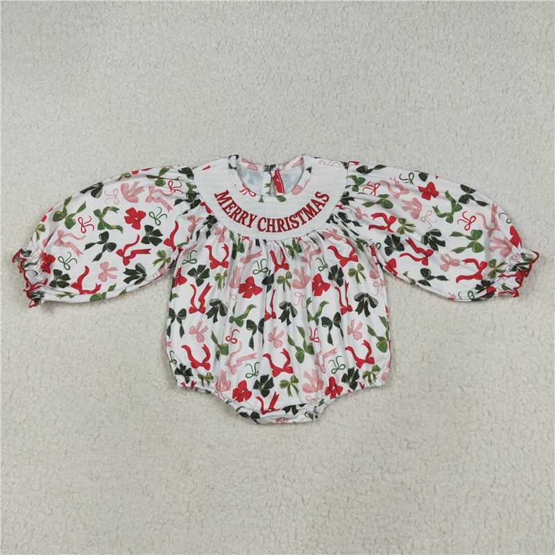 11.28 RTS NO MOQ （In stock）LR2276 Baby Girls Smocked Embroidery Merry Christmas Colorful Bows Rompers