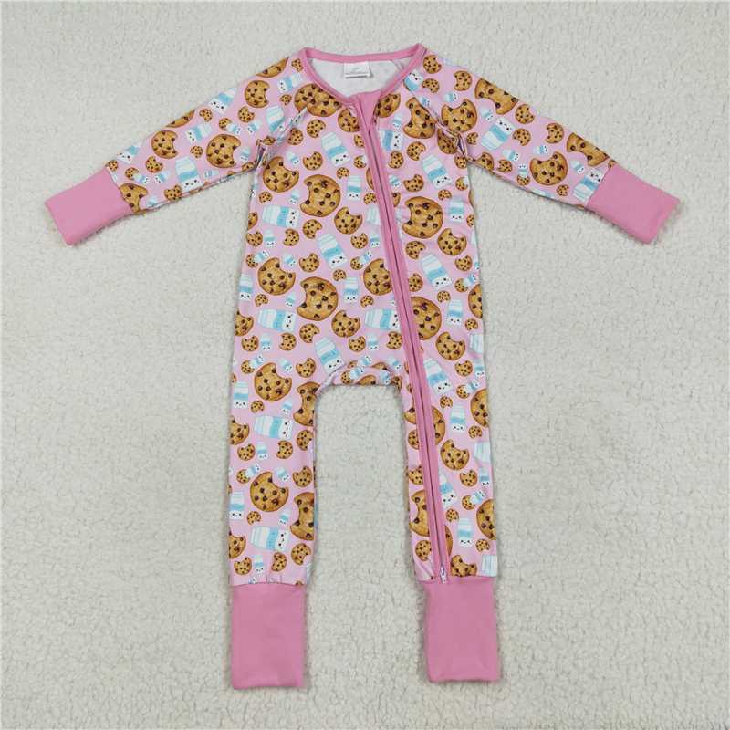 12.6 RTS NO MOQ （In stock）Matching Christmas LR2398 Baby Girls Pink Christmas Milk Cookies Zipper Footie Rompers
