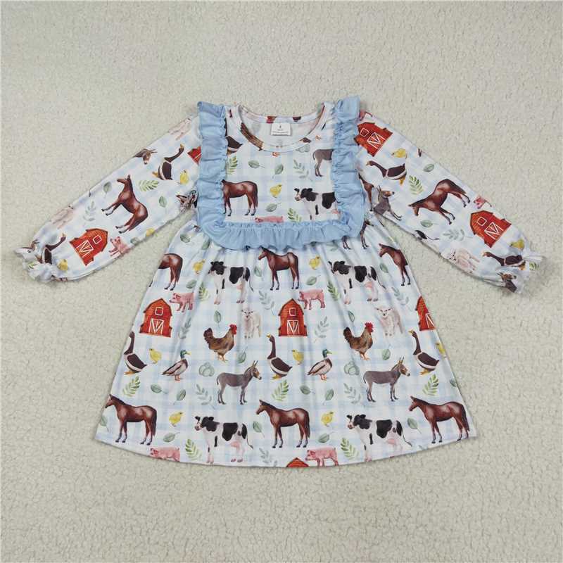 11.14 RTS NO MOQ （In stock）Matching GLD1171 Baby Girls Fall Houses Chicks Farm Knee Length Dresses